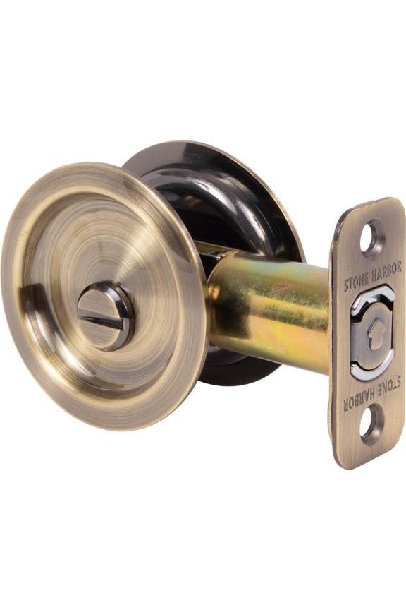 Round Pocket Door Lock, Privacy Function, 2-3/8" Backset, Antique Brass