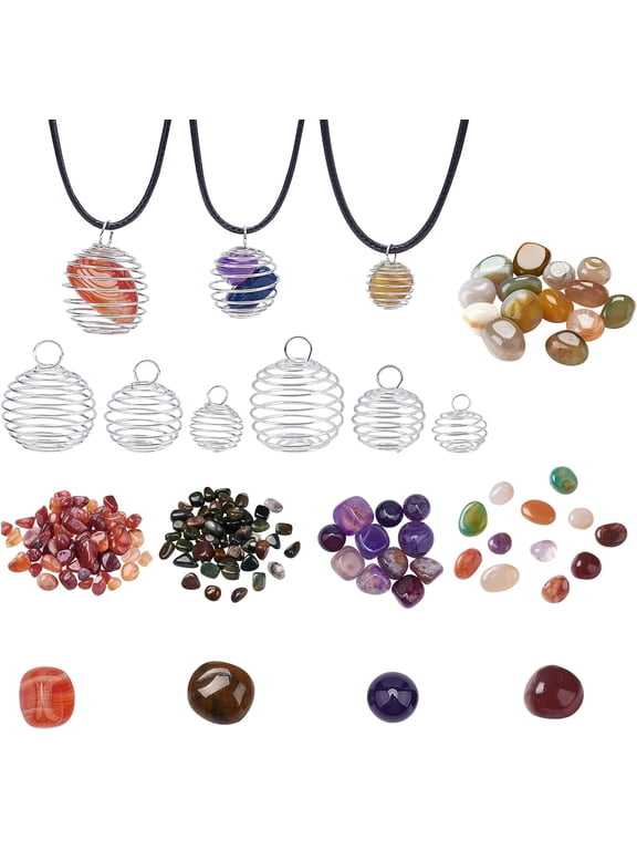Stone Holder Necklace Set 12pcs Spiral Bead Cages 6 Styles Iron Cage Pendant with 12pcs Black Waxed Necklace Cord 5 Styles Natural Agate Beads DIY for Necklace Pendant Sweater Jewelry Making
