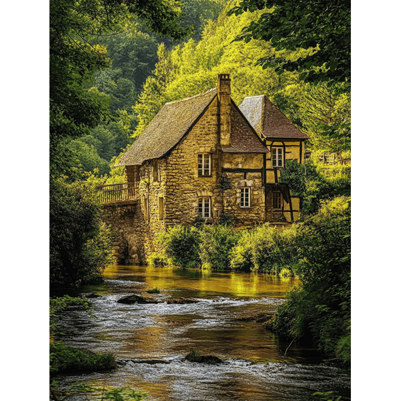 Stone House River Landscape Canvas Print/Wall ArtSuitable for Living RoomBedroomOfficeBathroom and Kitchen Decoration.