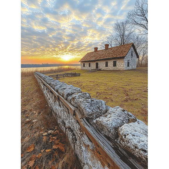 Stone House Sunset Landscape Canvas Print/Wall Art Perfect for Living Room Office Farmhouse Decor and Gallery Wall