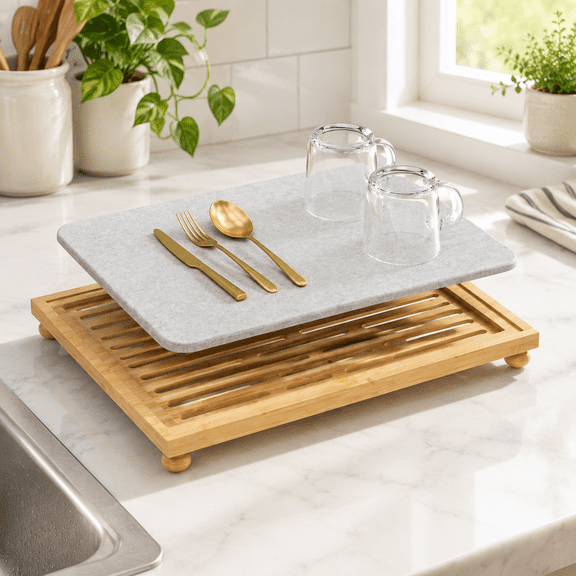 Stone Kitchen Counter Drying Mat with Dish Rack, 17.01 x 13.15 x 2.76 in