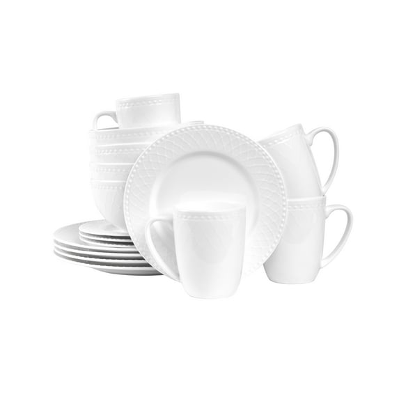 Stone Lain 16-Piece Bone China Round Dinnerware set, Elegant Basket Embossed White Plates, Bowls, Mugs Service for 4