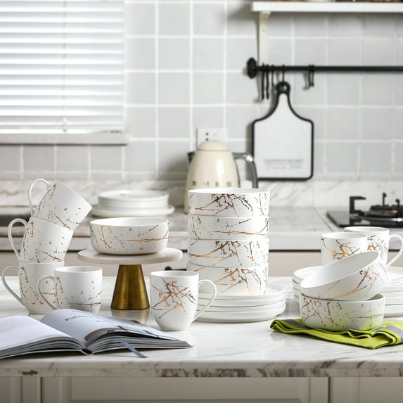 Stone Lain 16 Pieces Porcelain Gold Splash White Round Dinnerware set, Kitchen Dishes, Hip Cups, Plates, Bowls