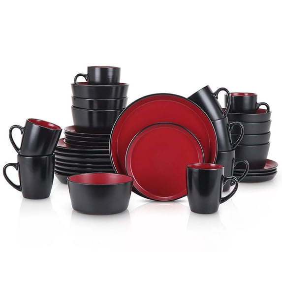 Stone Lain Albie Rustic Stoneware Dish Set, 32-Piece Round Dishes for 8, Red and Black