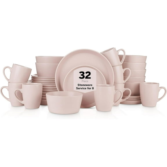 Stone Lain Albie Stoneware 32-Piece Modern Dinnerware Set, Kitchen Plates and Bowls Sets, Dish Set for 8, Pink