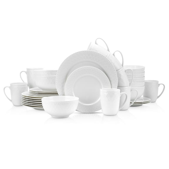 Stone Lain Alexandria Bone China Dish Set, 32-Piece Dishes for 8, White Basket Weave
