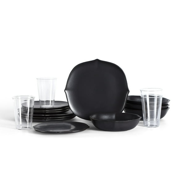 Stone Lain Baskerville 16-Piece Dinnerware Set Stoneware, Borosilicate Glass, Black
