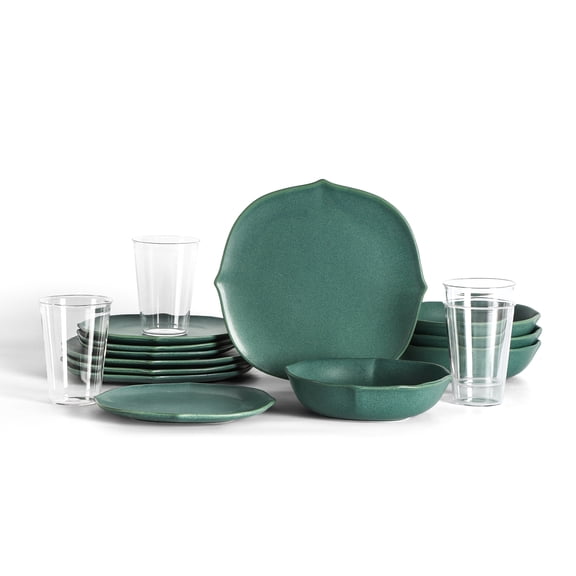 Stone Lain Baskerville Mid-Century Stoneware Borosilicate Glass Green 16-Piece Service for 4 Dinnerware Set