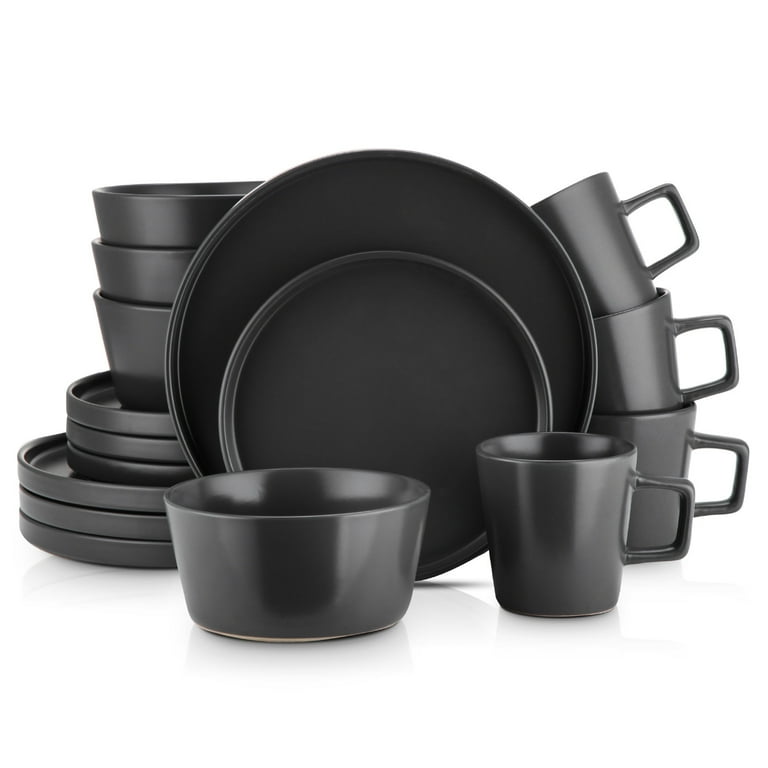 Stone Lain Celina Modern 16-Piece Stoneware Dinnerware Set, Black