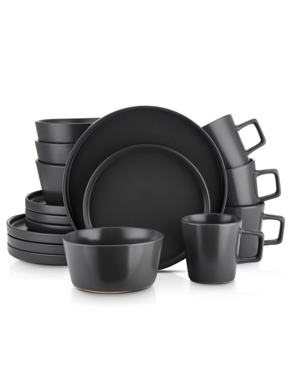 Celina 16-Piece Dinnerware Set Stoneware, Black Matte