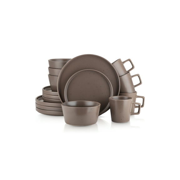 Stone Lain Celina Stoneware Dish Set, 16-Piece Round Dishes for 4, Brown Speckled