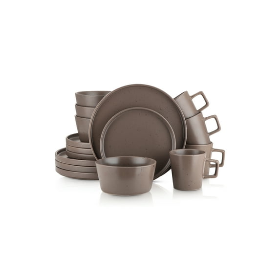 Stone Lain Celina Stoneware Dish Set, 16-Piece Round Dishes for 4, Brown Speckled