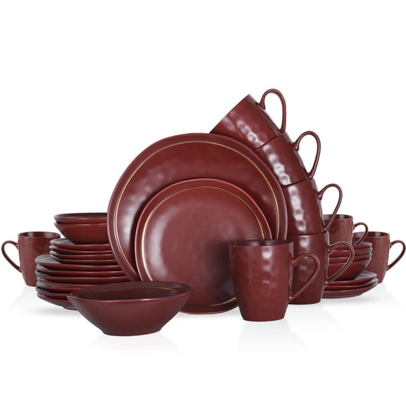 Stone + Lain Clara Porcelain Collection Dinnerware Set, 32-Piece Service for 8, Burgundy