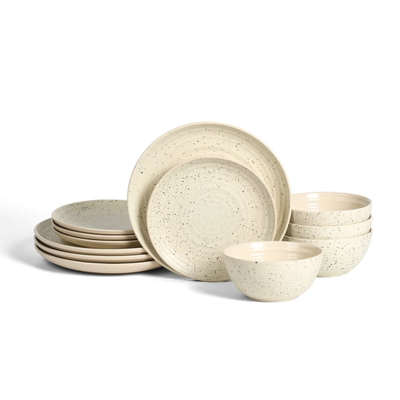 Stone Lain Dua Mid-Century Stoneware Dinnerware Set, 12-Piece, Service for 4, White