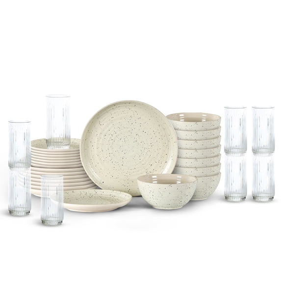 Stone Lain Dua 32-Piece Dinnerware Set, Stoneware, Borosilicate Glass, Service for 8, White