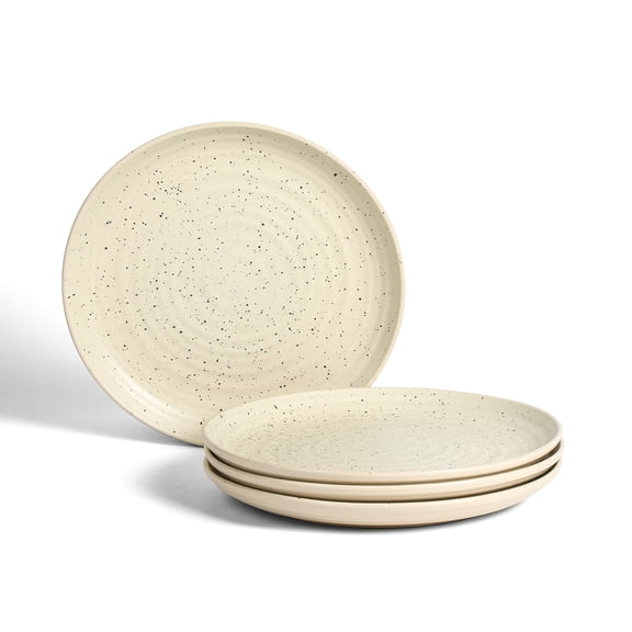 Stone Lain Dua Mid-Century 4-Piece Dinner Plate Set, Stoneware, Dishwasher Safe, Service for 4, White