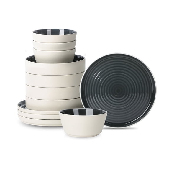Stone Lain Elica 12-Piece Dinnerware Set Stoneware, Black and Beige