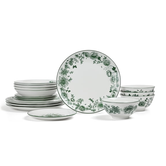 Stone Lain Esme 16-Piece Dinnerware Set with Pasta Bowls Porcelain, Service for 4, Green
