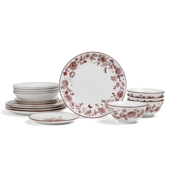 Stone Lain Esme 16-Piece Dinnerware Set with Pasta Bowls Porcelain, Service for 4, Red