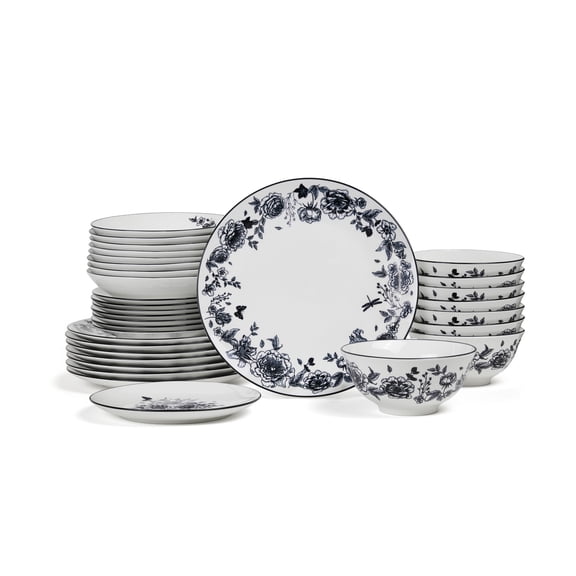 Stone Lain Esme 32-Piece Dinnerware Set with Pasta Bowls Porcelain, Service for 8, Black