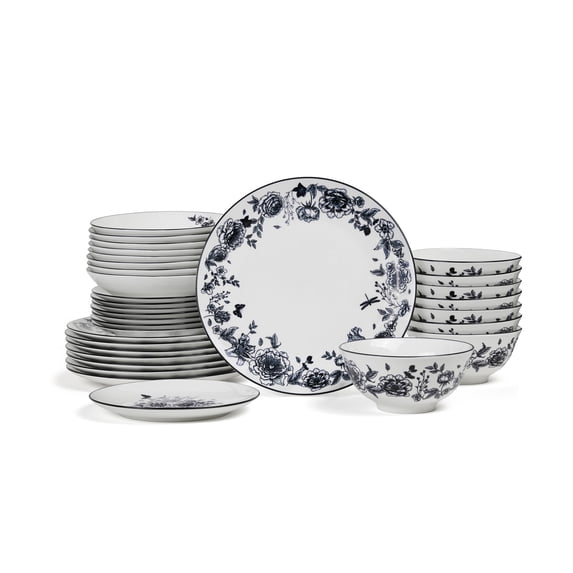 Stone Lain Esme 32-Piece Dinnerware Set with Pasta Bowls Porcelain, Service for 8, Black