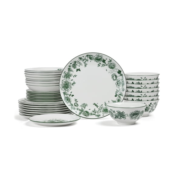 Stone Lain Esme 32-Piece Dinnerware Set with Pasta Bowls Porcelain, Service for 8, Green