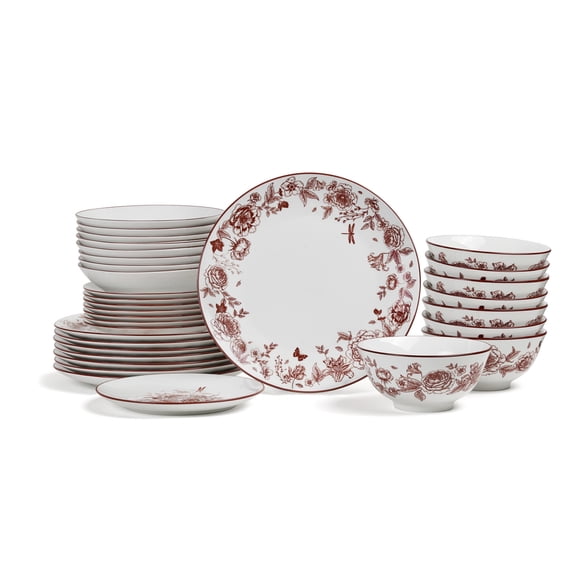 Stone Lain Esme 32-Piece Dinnerware Set with Pasta Bowls Porcelain, Service for 8, Red