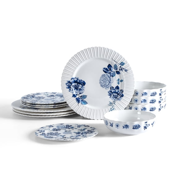Stone Lain Fiore 12-Piece Dinnerware Set New Bone China, Service for 4, Blue