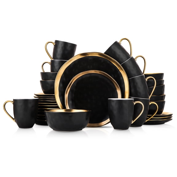 Stone Lain Florian Modern Porcelain Dish Set, 32-Piece Dishes for 8, Gold and Black