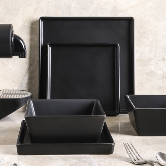 Stone + Lain Grace Stoneware Collection, Square Dinnerware Set, 12-Piece Service for 4, Black Matte