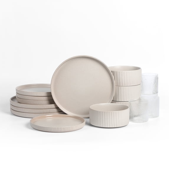 Stone Lain Haven 16-Piece Dinnerware Set Stoneware, Borosilicate Glass, Service for 4, Beige