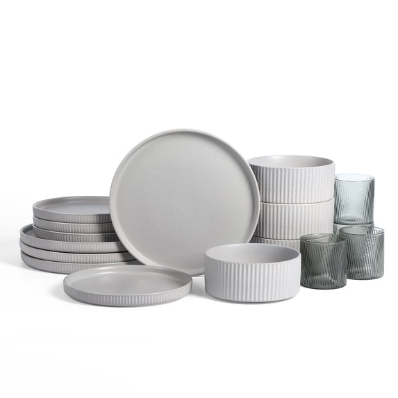 Stone Lain Haven 16-Piece Dinnerware Set Stoneware, Borosilicate Glass, Service for 4, Grey