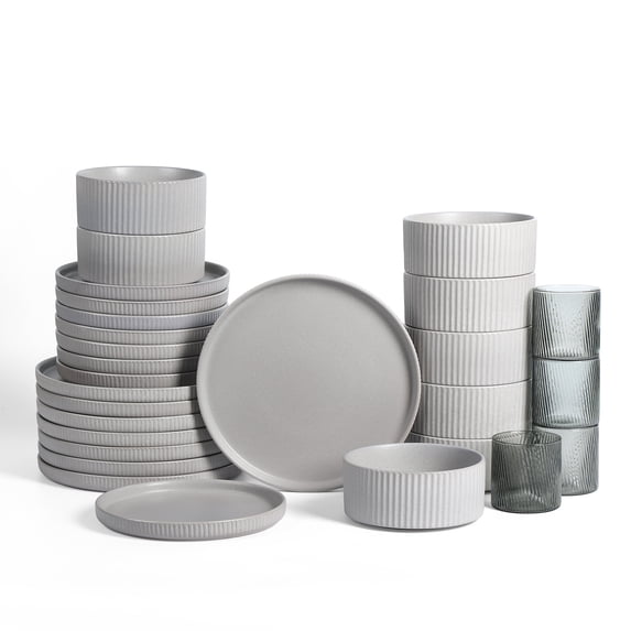 Stone Lain Haven 32-Piece Dinnerware Set Stoneware, Borosilicate Glass, Service for 8, Grey