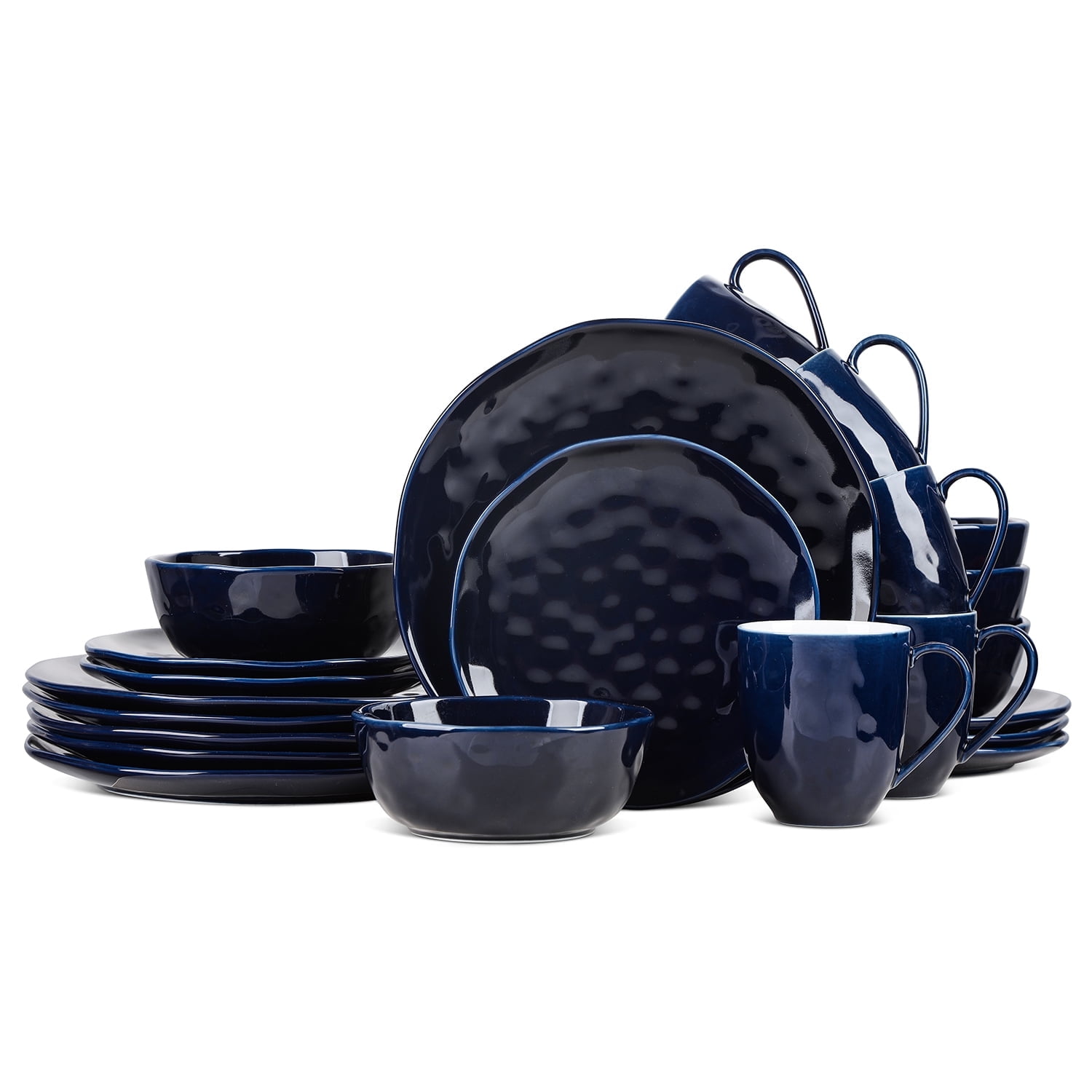 Navy Blue Porcelain 24-Piece Dinnerware Set with Textured Accent
