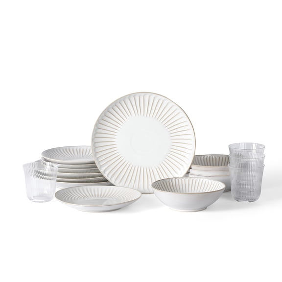 Stone Lain Linea 16-Piece Dinnerware Set Stoneware, Soda Lime Glass, Service for 4, White