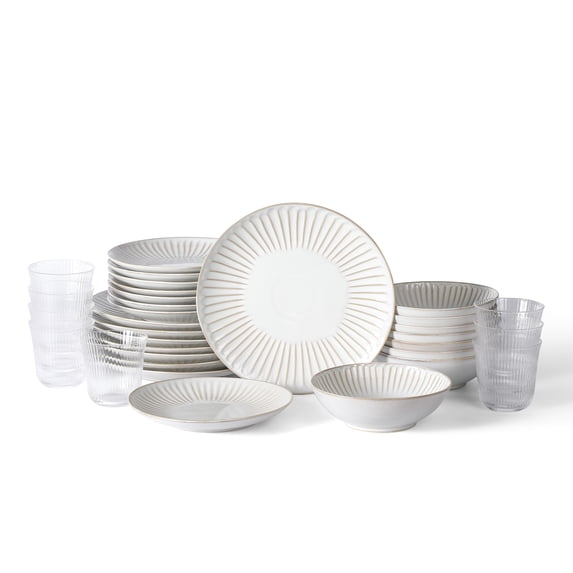 Stone Lain Linea 32-Piece Dinnerware Set Stoneware, Soda Lime Glass, Service for 8, White
