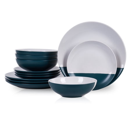 Stone Lain Lizzy 12-Piece Dinnerware Set Stoneware, Emerald Dark Green