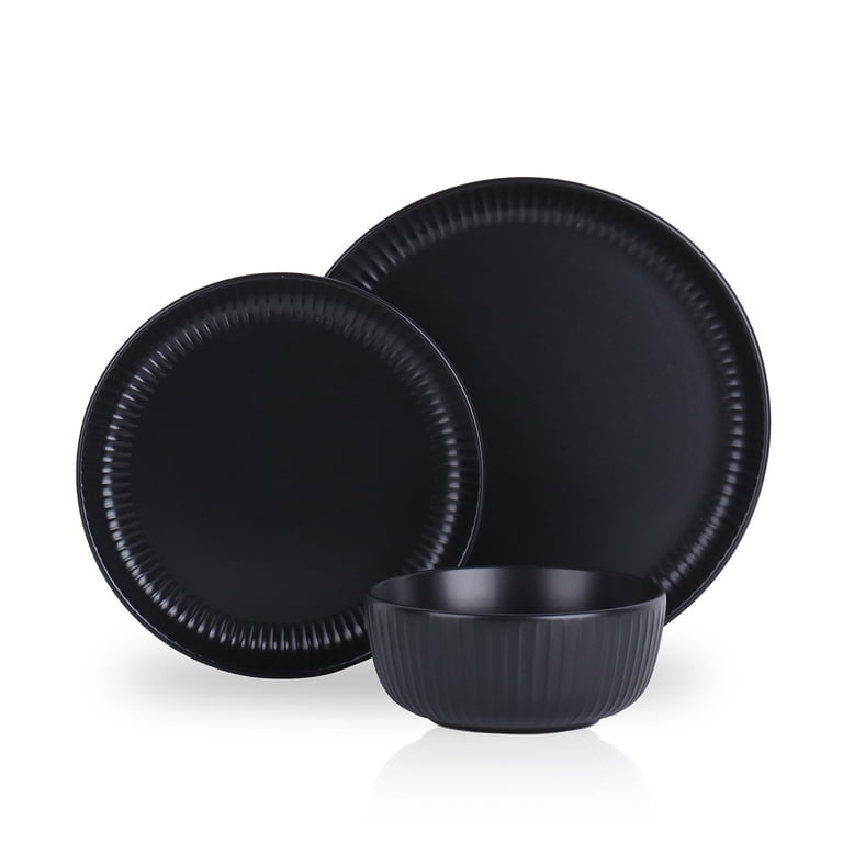 Stone Lain Dua 12-Piece Dinnerware Set | Stoneware Plates & Bowls Set For 4, Dishwasher & Microwave Safe - Black