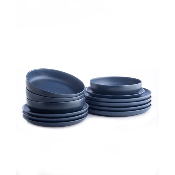 Stone Lain Macchio 12-Piece Dinnerware Set Stoneware, Blue Matte