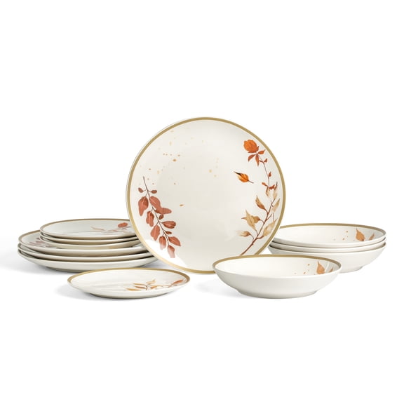 Stone Lain Maple 12-Piece Dinnerware Set Porcelain, Service for 4, White