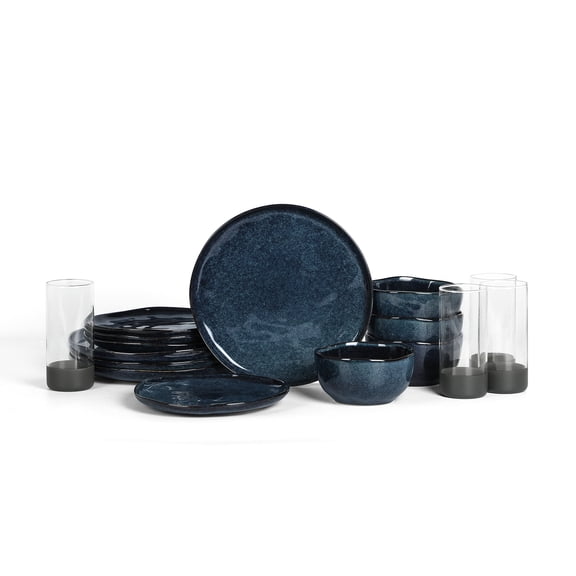 Stone Lain Mirella 16-Piece Dinnerware Set Stoneware, Borosilicate Glass, Service for 4, Blue