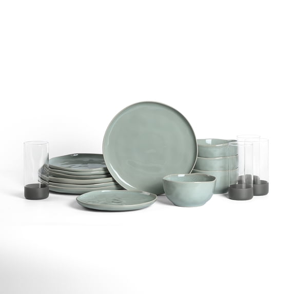 Stone Lain Mirella 16-Piece Dinnerware Set Stoneware, Borosilicate Glass, Service for 4, Light Green