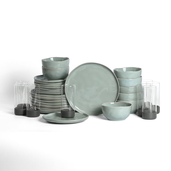 Stone Lain Mirella 32-Piece Dinnerware Set Stoneware, Borosilicate Glass, Service for 8, Light Green