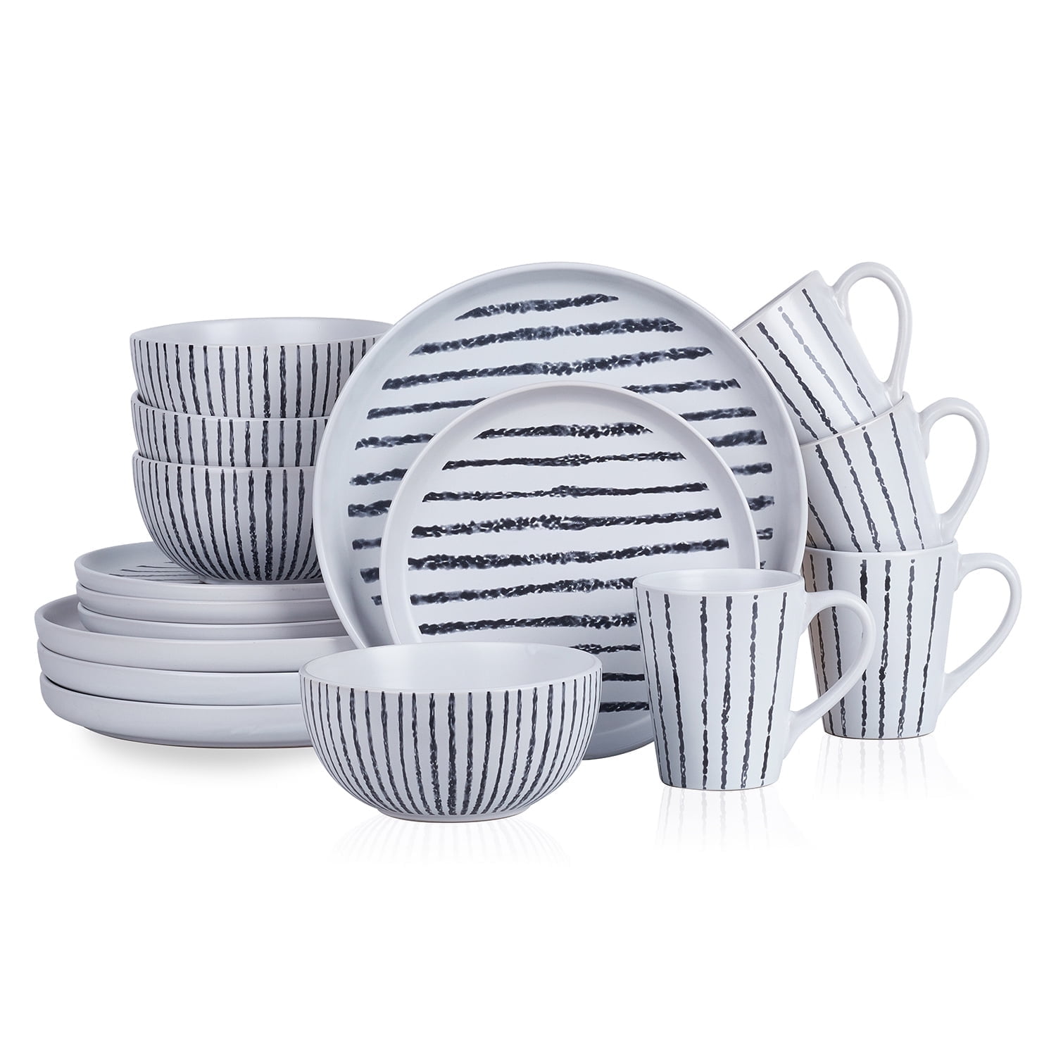 White and Black Ceramic 16-Piece Dinnerware Set, Service for 4
