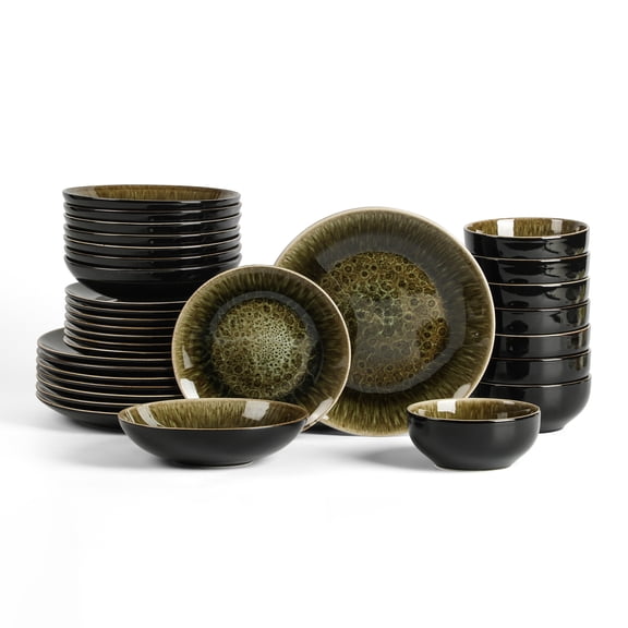 Stone Lain Riley 32-Piece Dinnerware Set Stoneware, Service for 8, Black and Green