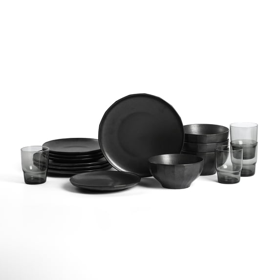 Stone Lain Rio 16-Piece Dinnerware Set Stoneware, Includes Glassware, Service for 4, Black
