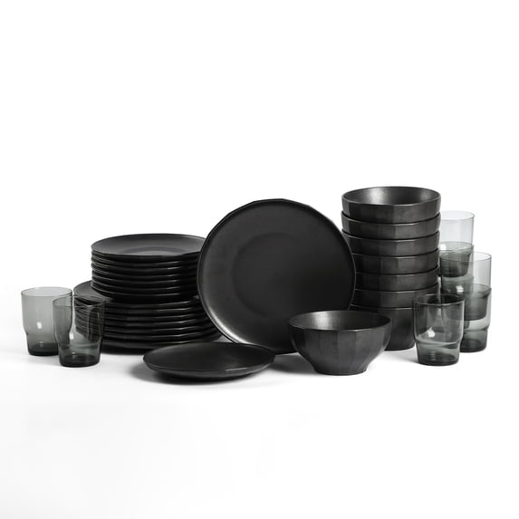 Stone Lain Rio 32-Piece Dinnerware Set Stoneware, Includes Glassware, Service for 8, Black