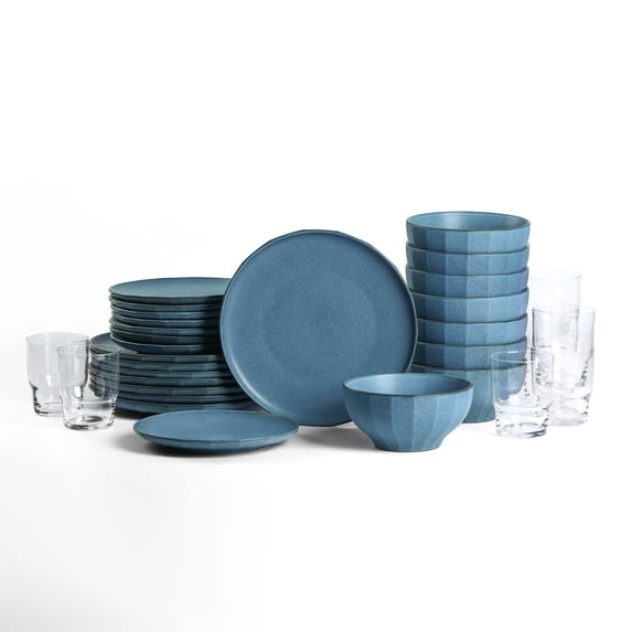 Stone Lain Rio 32-Piece Dinnerware Set Stoneware, Includes Glassware, Service for 8, Blue