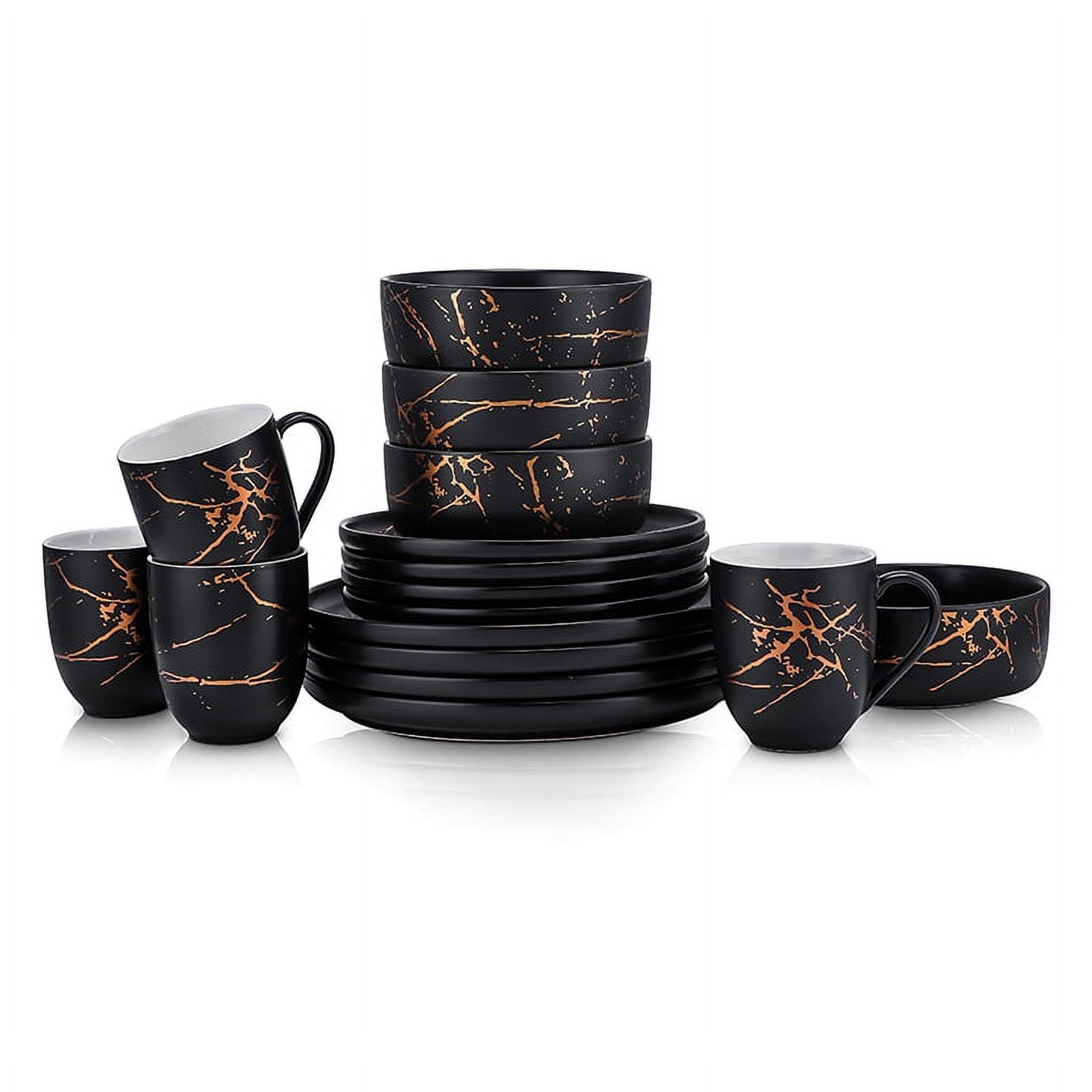 Black and Gold Porcelain 32-Piece Dinnerware Set, Service for 8
