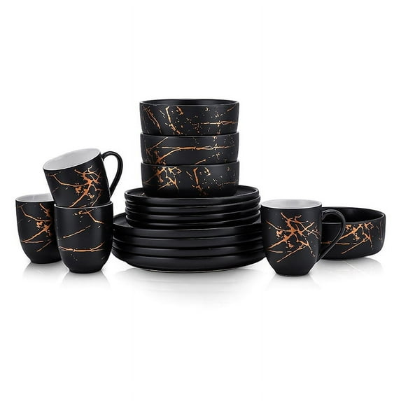 Stone Lain Zora 32-Piece Porcelain Gold Splash Dinnereware Set, Service for 8, Black with Gold